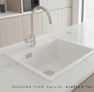 Комплект мивка, смесител и дозатор за кухня в бял гранит